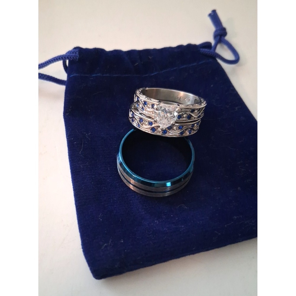 Couple Ring Bridal Set Women sz 9 10K White Gold Men sz 10 Tungsten Carbide Blue
